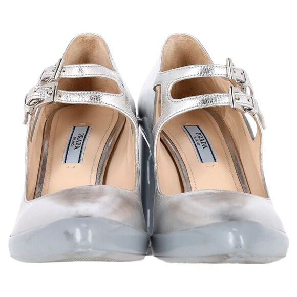 Prada Double Strap Mary Jane Block-Heeled Pumps in Silver Leather - Picture 7 of 12